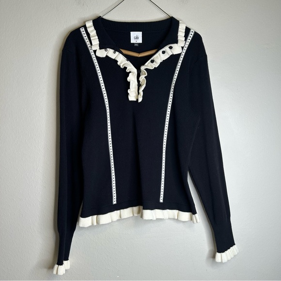 Cabi Adorn Pullover Sweater Top Black and White Ruffle Sleeves Size M - Picture 1 of 9
